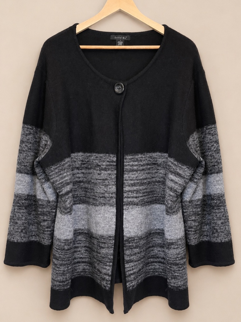Vintage Tally-Ho Colorblock Striped Cardigan Sweater Black Gray Wool Size 2X